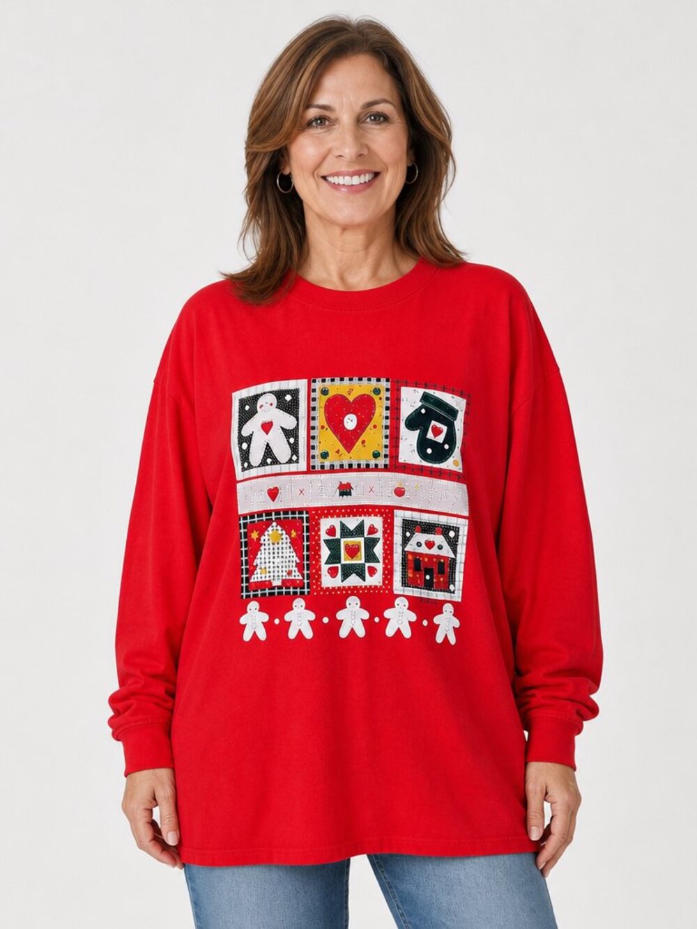 Vintage Hanes Beefy‑T USA Made Grandmacore Christmas Tee L Gingerbread Patchwork